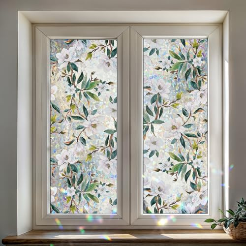 DARUITE Window Film Privacy,Decorative Stained Glass Window Film,Rainbow Effect Anti UV Static Privacy Film for Glass Windows for Home Office, White Magnolia 43 x 100cm