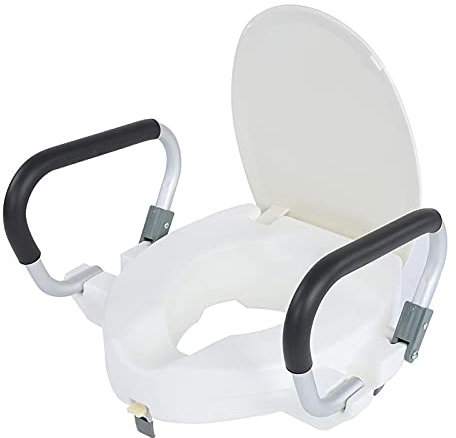Rialzo per sedile WC per anziani con braccioli imbottiti rimovibili, 10 cm, telaio rialzato per WC bianco con coperchio per maggiore comfort e sicurezza