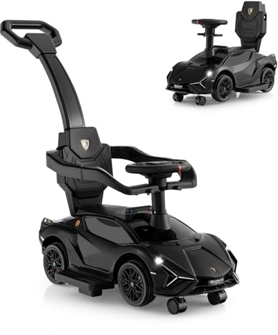 SOARS Lamborghini Rutschauto, Rutschfahrzeug mit Abnehmbarer Schiebstange, Universalrädern, Stauraum, Scheinwerfern, USB-Anschluss, Musik, Spielzeugauto für Kinder ab 1 Jahr (Schwarz)