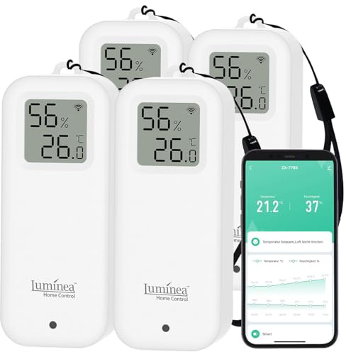 Luminea Home Control Sensor: 4er-Set WLAN-Temperatur- und Luftfeuchtigkeitssensor mit Display, App (WiFi Thermometer außen, Digitale Hygrometer mit WLAN, innen)