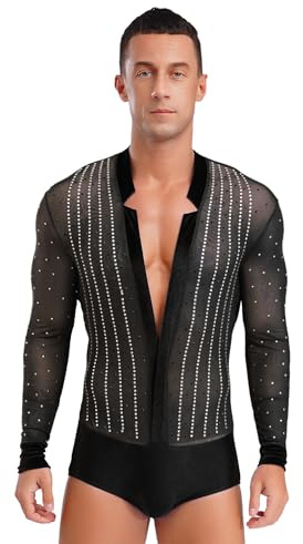 JEATHA Herren Tanzbody Latein Overalls Tango Rumba Langarm Oberteil mit Strass V-Ausschnitt Tanzanzug Standard Tanz Ballsaal Wettkampf Kostüm Schwarz L