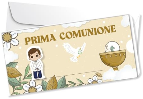 LINA OFFICINE GRAFICHE CREATIVE Biglietto Prima Comunione con Portasoldi, Design Floreale con Calice e Colomba, 21x10 cm, Beige e Bianco