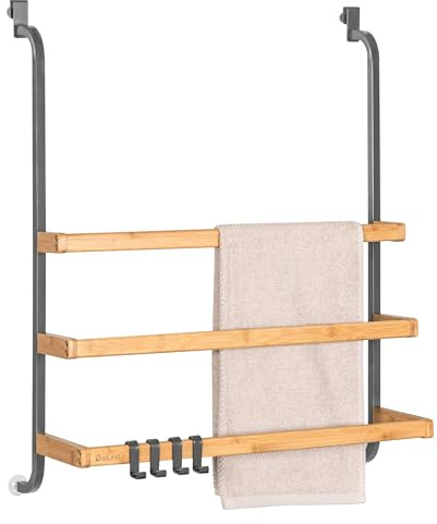 eluno Handtuchhalter für die Glasduschwand aus Metall und Bambus, Handtuchhalter mit 3 Handtuchstangen, 4 praktischen Haken, zum Einhängen ohne Bohren (Grau)