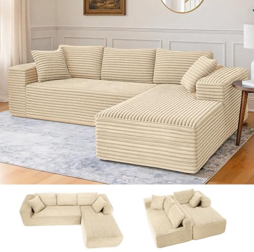 COMHOMA 105 ” modulares Sofa mit tiefer Sitzfläche, L-förmige Couch mit Breiten Armlehnen, Cordstoff, hochdichter Schaumstoff, Chaiselongue für das Wohnzimmer, kein Zusammenbau erforderlich, beige