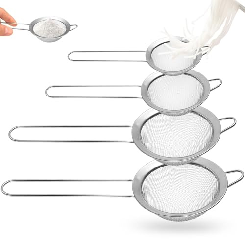 4 Pcs Fine Mesh Sieve with Handles, Stainless Steel Kitchen Sieves and Strainers, Metal Food Strainer Flour Sieve for Baking Cooking Rice Juice Food Flour Sifter(8/12/16/20cm)