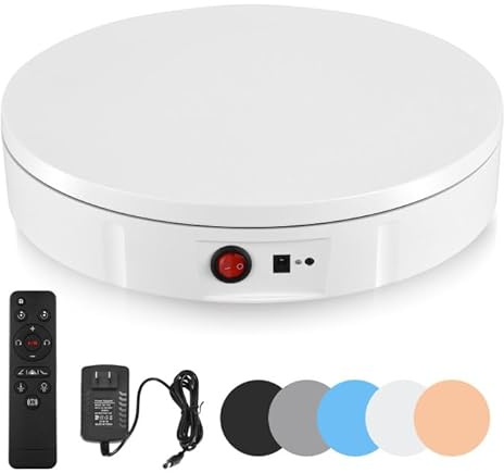 Piatto Girevole Elettrico, 100KG 30CM Base Girevole Elettrica, Direzione a 360° e Velocità Regolabile Espositore Girevole Elettrico con 5 Pannelli di Sfondo e Telecomando per la Fotografia