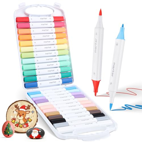 Thboxes Rotuladores Acrilicos 24 Colores, Rotuladores Doble Punta (Pincel y Fina) Resistentes al Agua Marcadores Acrílicos para Lettering Pintura de Papel Piedras Madera Vidrio Cerámica Huevo Lienzo