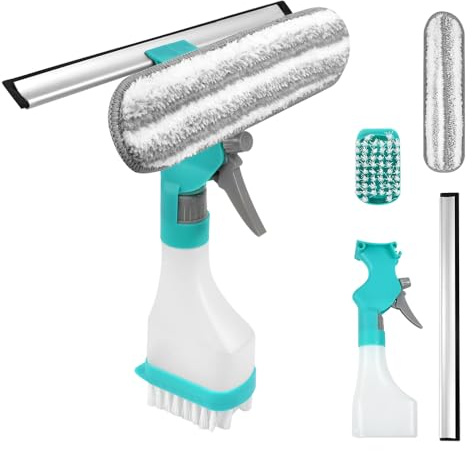 Zuxbolf Fensterputzer mit Sprühflasche 4 in 1 Fensterabzieher Abnehmbar | Fensterputzer 250ml Sprühflasche Putzbürste Fenster Putzen Set Sprühwischer für Fenster, Bad, Küche, Auto, Spiegel