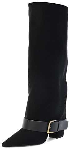GPXGPX Knee High Boots Women Fold Over Chunky High Heel Wide Calf Pointed Toe Boots Belt Buckle Fall Long Boot for Women,Black Suede,Size 9.5