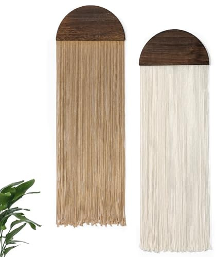 Betylifoy 2 Pièces Makramé Tapisserie Murale Verte Tenture Murale Semi-Circulaire à Pompons Tenture Murale en Macramé Deco Murale Boheme pour Salon et Chambre à Coucher 85 x 30cm (Beige et Kaki)