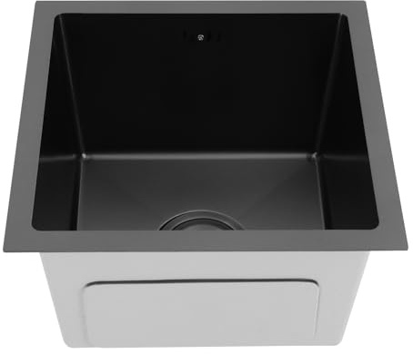 Fregadero de cocina de acero inoxidable con 1 cuenco, fregadero rectangular con escurridor, fregadero de apoyo, fregadero de cocina, bajo encimera, 38 x 38 x 22 cm (negro)
