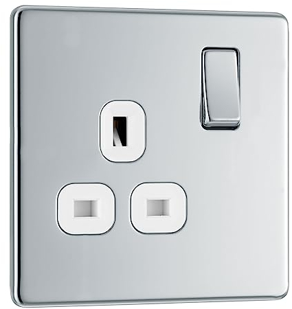 BG Electrical Single Switched Power Plug Wall Socket, Screwless Front Plate, Slim Profile, Premium Flatplate, Polished Chrome, White Inserts, 13A, FPC21W