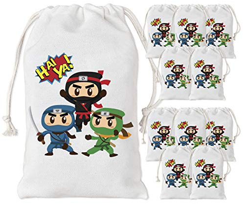 Kreatwow Lot de 12 petits sacs à friandises réutilisables en coton avec cordon de serrage pour fête d'anniversaire sur le thème du guerrier Ninja