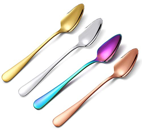 Polished Stainless Steel Grapefruit Spoons with Round Serrated Edges for Citrus Fruit, Apple, Kiwi fruit and Dessert, 4 Packs (Multi-color)