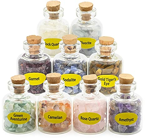 CECOMBINE 9 Mini Crystals Gemstone Bottles, Healing Crystal Tumbled Stones Collection Kit Natural Quartz Gravel Wishing Bottle, Home Craft Bottles for Reiki, Healing, Meditation, Chakra