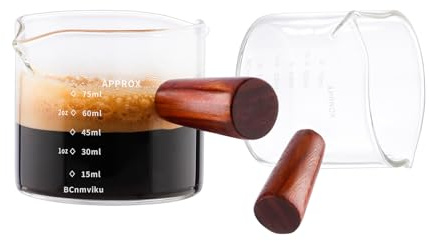 BCnmviku 75ml Espresso Cup,Small Measuring Jug Wooden Handle for Barista(2) | coffee,milk,latte,ml/oz scales for espresso extraction,latte art & home coffee brewing,double v-spouts