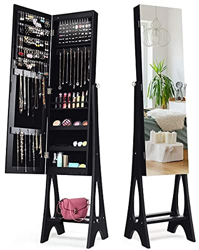 RELAX4LIFE Schmuckschrank mit Ganzkörperspiegel, Standspiegel 12 LEDs, Abschließbarer & freistehender Spiegelschrank, Schmuckorganizer mit Ablageflächen für Armbänder & Halsketten & Ringe (Schwarz)