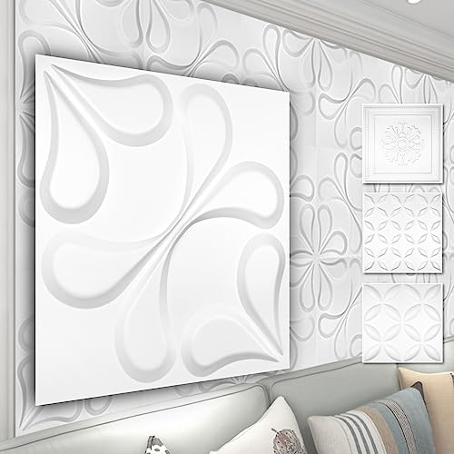 HEXIM 3D Wandpaneele, PVC Kunststoff weiß - Blumen Design Paneele 50x50cm Wandverkleidung (2QM HD102) Hintergrund Paneele weiß hart Deckenverkleidung