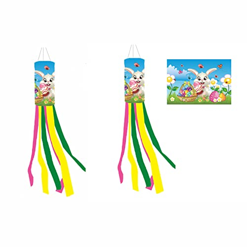 FGYZYP Frohe Oster-Windsack mit bunten langen Schwänzen, hängende Feier, Windsack-Flagge, Outdoor, langlebiges Polyester, Osterhase für Urlaub, Bauernhaus, Haus, Garten, Hof, Balkon, Dekoration, 2