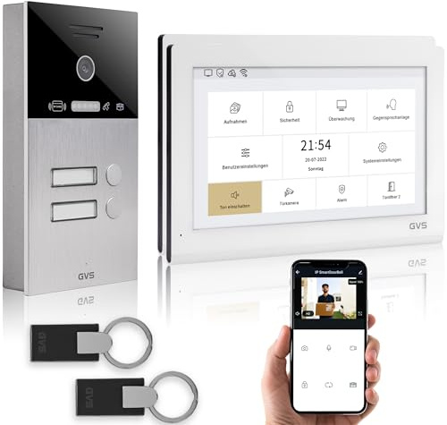 GVS Video Türsprechanlage 2-Familienhaus - RFID, 2x10 Zoll Monitor | Smarte Video Türklingel mit Kamera und Monitor & App - Gegensprechanlage mit Türöffner & RFID (AVS5423A)