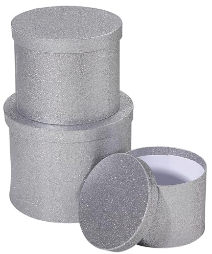 Deco Woerner Rundes Geschenkboxen-Set 3 Stück Silber glitzernd von 18 x 12,70 cm bis 25,5 x 19,30 cm (B x H) Geschenkverpackung Aufbewahrung