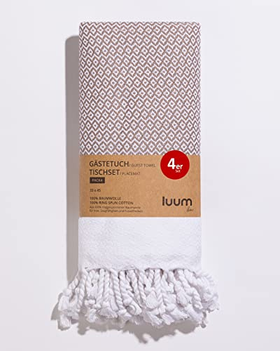 Luum® Hamam - Juego de 4 toallas de invitados, manteles individuales, mantel individual, lavable, toalla de jabón, 100% algodón, secado rápido, sin pelusas, 33 x 45, set de regalo, idea de regalo