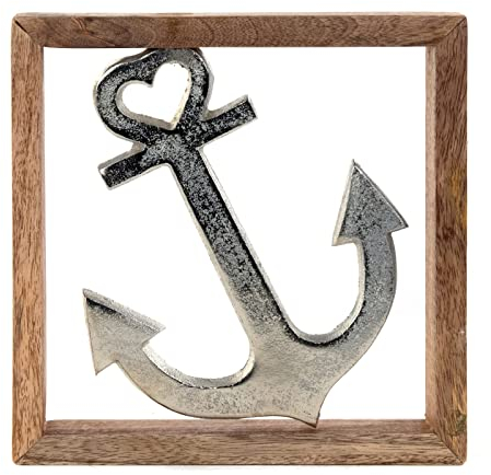DESIGN DELIGHTS Ancre murale - 20 cm - Décoration murale en métal avec cadre en bois - Ancre en métal marin