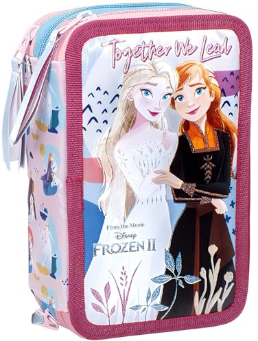 Clondo Estuche Triple Relleno para Niñas, para Frozen con Elsa y Anna Fan, 44 Accesorios Escolares, Plumier 3 Cierres, Compartimentos Organizados, Lápices de Colores, Marcadores, Pegamento, Tijeras