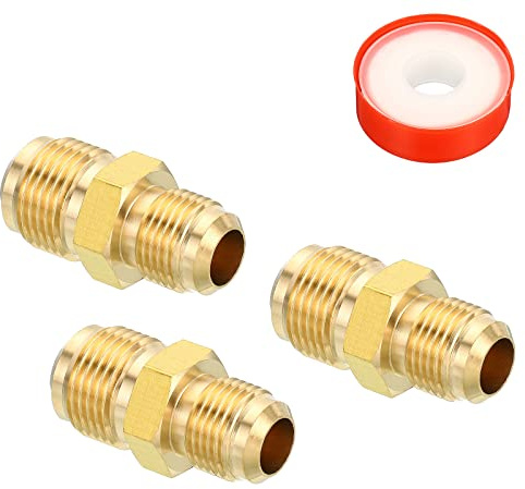 PATIKIL 3/8 SAE Stecker x 1/2 SAE Stecker Messing Rohr Kuppler 3Pack Rohrverschraubung Gewinde Gas Adapter Leuchte Anschluss Vereinigung Kupplung mit PTFE Klebeband für Klempnerei HVAC
