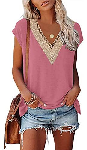 GRMLRPT Chemise Femme D'Été Élégant Chemisiers Découpes Col en V Manches Courtes Casual T-Shirt Mode Épaules Dénudées Shirt Blouse Couleur Unie Ample Casual Hauts Tops Tunique(Rose,XXL)