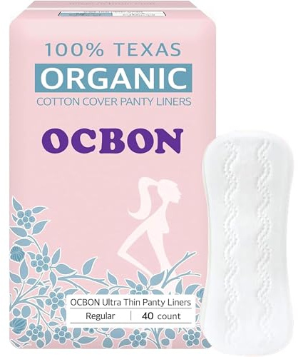 OCBON Ultra Thin Sanitary Pantyliners (Regular, 6.1 inch, 40 Counts) - Ultra Thin, Unscented 100% Organic Cotton Panty Liners for Women. Chemical-Free, Extra Soft, Ideal for Sensitive Skin