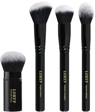 LORYP 4 Pcs Full Face Professional Makeup Brushes Set with Retractable Kabuki Airbrush For Powder,Liquid,Cream,Angled Blush Brush, Foundation Brush, Tapered Highlight Brush