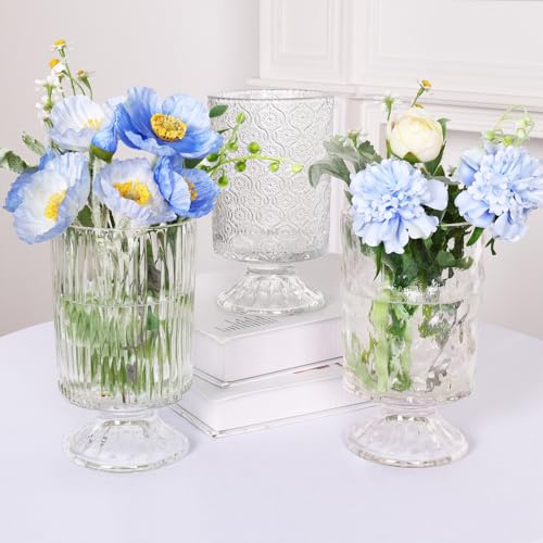 Fixwal Vases for Flowers Set of 3 Vintage Glass Vase for Centerpieces, Embossed Base Vases for Wedding Decoration (H:7 D:4), Ribbed Glass Containers for Organization for Home Decor