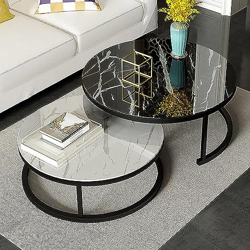 CATANK Table Basse Ronde Moderne, Table gigogne en Verre trempé et métal, Table d'appoint, Lot de 2, Table de canapé, Table Centrale de Salon (Couleur : Cadre Noir, Taille : 71,1 cm + 50,