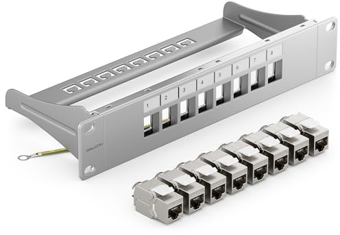 deleyCON SET 8 Ports CAT7 Panneau de Brassage Panneau de Distribution Modulaire 1 U Installation en Rack 10 + 8x Modules Keystone CAT 7 Réseau LAN RJ45 10 Gbit/s 600 MHz Câble D'installation Gris