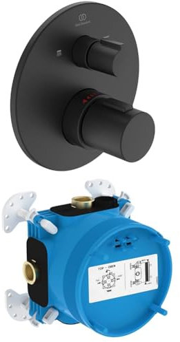 Set aus Ideal Standard A5815XG Ceratherm T100 Wannenthermostat Badethermostat Unterputz, Temperatursperre bei 40° C, Eigensicher gemäß DIN EN 1717, Schwarz + A1000NU EASY-Box Unterputz-Bausatz