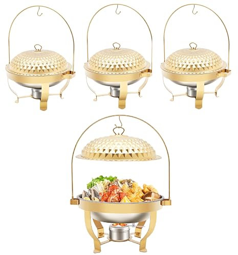 Chafing Dishes for Buffet Set of 4, 8.5Qt /8L Stainless Steel Round Buffet Chafer, Gold Hanging Lid Dining Stove, Buffet Server and Warmer Set, Countertop Warming Tray for Parties, Dishwasher Safe