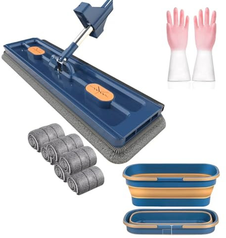 2024 New Magic - Mocio piatto grande, in microfibra, autostrizzante, con cuscinetti in microfibra, rotante a 360°, bagnato e asciutto, per la pulizia del pavimento (blu, mocio + 6 panni + secchio)