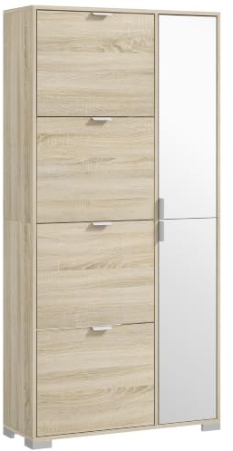 HOMCOM Meuble à Chaussures 16 Paires Étroit Moderne 82 x 30 x 168 cm Chêne | Armoire à Chaussures Étroite, 4 Tiroirs Rabattables, 2 Portes en Miroir, Étagères Réglables, Couloir, Entrée