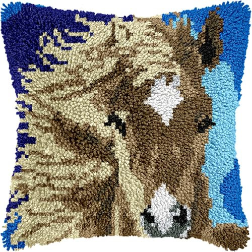 WallustrioaW Tier Knüpfkissen Zum Selbermachen,Kissen Knüpfen Kit,Pferd,DIY Kissen Knüpfen Set Knüpfteppiche Set Sofakissenbezug Handgemachte Geschenke,43x43cm
