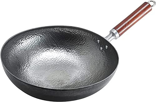 CHFYIJYHM Wok Wok Tradizionale martellato a Mano in Acciaio al Carbonio, Legno e Acciaio Manico Rimovibile Fondo Tondo Solo for fornelli a Gas