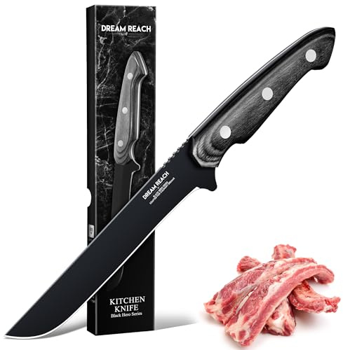 Dream Reach Cuchillo Deshuesador Profesional, Hoja Negra de Acero Inoxidable con Mango de Madera Ergonómico, para Cortar Huesos y Carne con Precisión