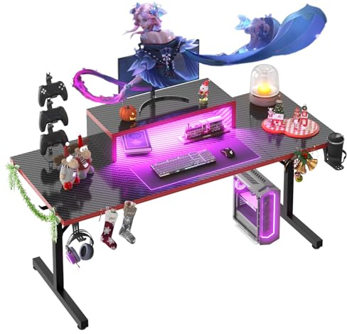 Devoko 160×60cm Gaming Tisch mit LED,Gaming Schreibtisch mit Monitorständer, Kohlefaserbeschichtung T-Rahmen-Design,Ergonomischer Computertisch mit Tassenhalter und Kopfhörerhaken, Schwarz