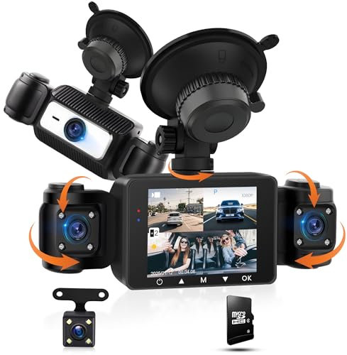 4 Canali Dashcam Auto 360°, 4 Telecamera HD 1080P Anteriore e Posteriore Sinistra Destra, 2.4 Pollici IPS Dash Cam con Visione Notturna IR/Loop Video/24H Parcheggio Monitor/G-Sensore con 64 GB Carta