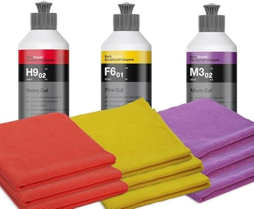 wortek Politur Set 250ml: Heavy Cut H9.02, Fine Cut F6.01, Micro Cut M3.02 Koch Chemie Polituren, inkl. Mikrofaser Poliertücher Auto Polier Set
