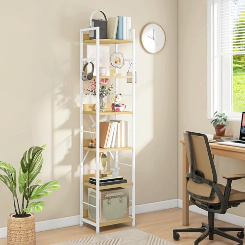 DWVO Book Shelf 6 Tiers, Tall Bookcase with Steel Frame Industrial Bookshelf with 4 Hooks Floorstanding Shelving Unit Narrow Display Rack Storage Organizer for Living Room Bedroom, White and Oak