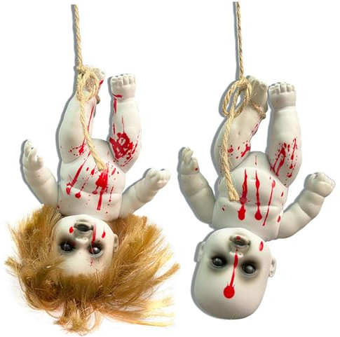 Jorzer Gruselige Halloween-Puppe, 2 Stück, gruselige, blutige Spukpuppen mit Seil, hängende Zombie-Puppe für Jungen und Mädchen, Horrorpuppen für Halloween-Partys und Spukhaus-Requisiten