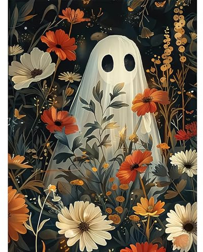 ARVINKEY DIY 5D Halloween Diamond Painting Kit, Full Drill Paint by Numbers Embroidery Cross Stitch Arts Craft Canvas, Flowers Ghost Rhinestone Crystal Drawing Gift for Adults Kids, 16X12