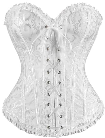 LEACOOLKEY Corpetto Corsetto per Donna con Lacci e Stecche Bustier Floreale Overbust per Costume Halloween,Bianco,L