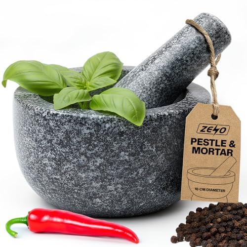 ZENO Pestle and Mortar 16CM | Large Solid Granite Stone Pestle and Mortar Set | Heavy Duty Mortar and Pestle for Crushing and Grinding Spices, Herbs, Seeds, Garlic | 6.3 Diameter